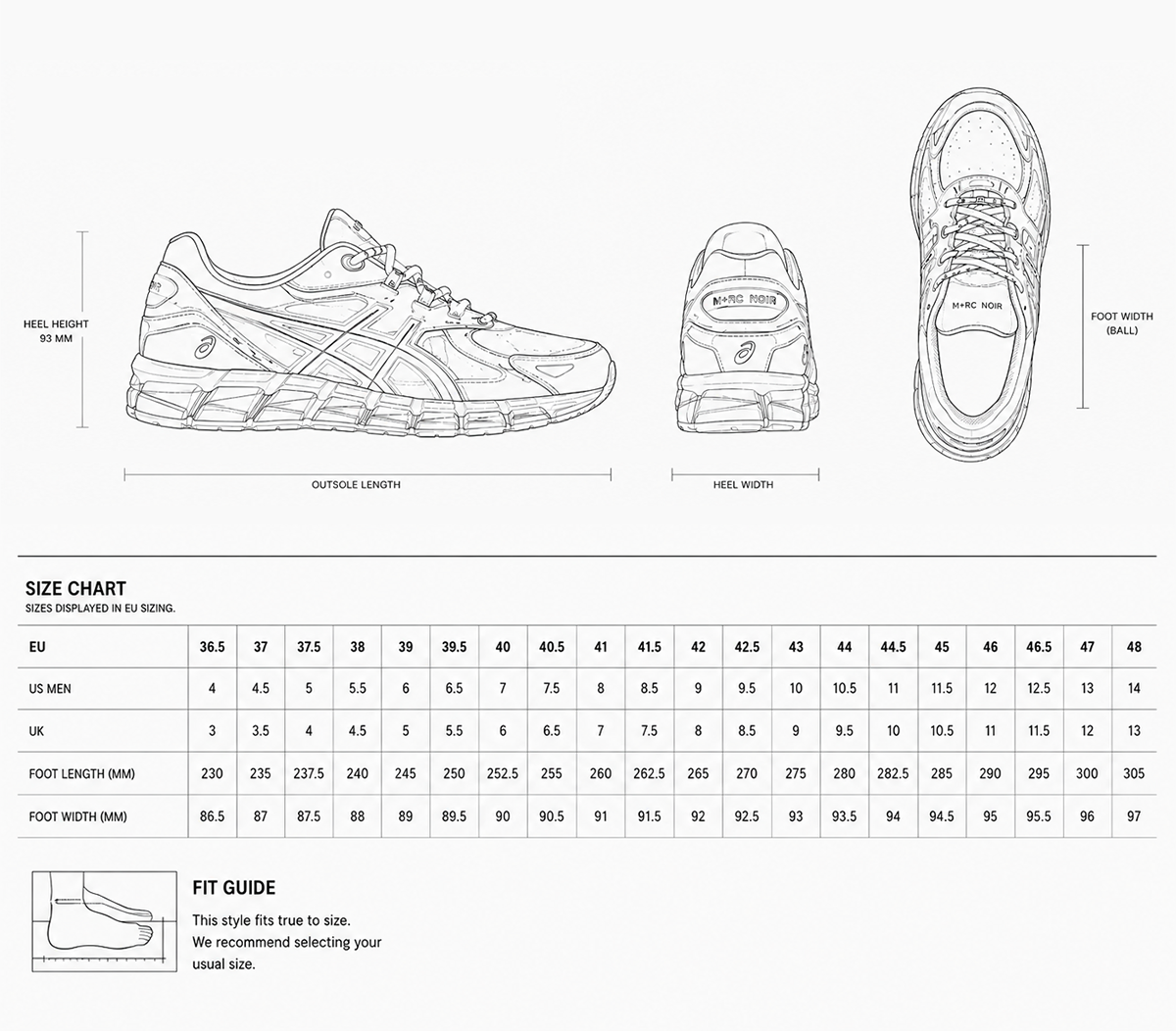 M+RC NOIR × ASICS GEL-QUANTUM 180 size guide